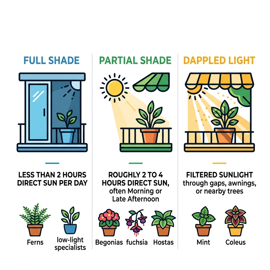 infographic showing full shade vs partial shade vs dappled light for balcony plants - shade loving plants for balcony infographic showing full shade vs partial shade vs dappled light for balcony plants - shade loving plants for balcony