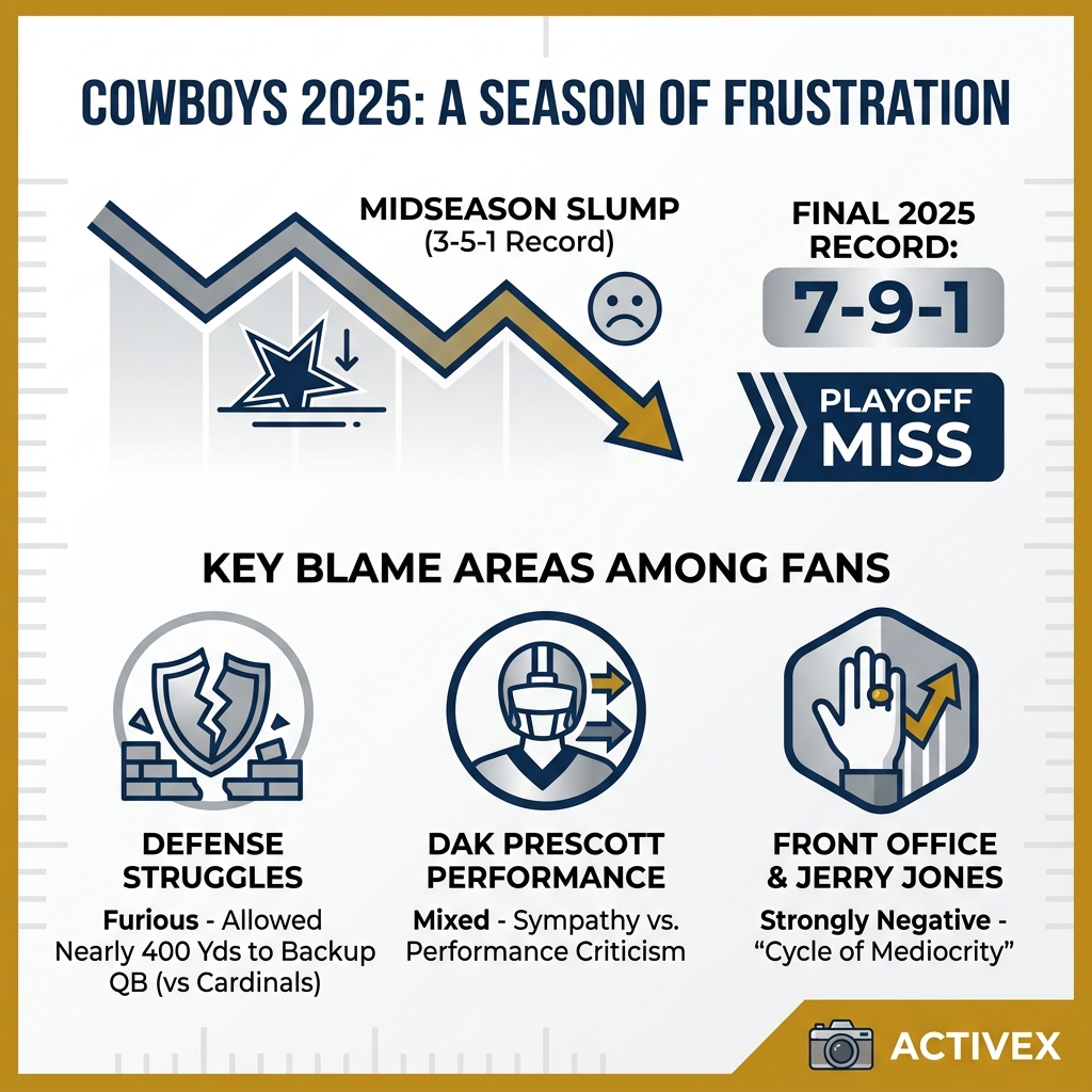 Infographic showing Cowboys 2025 midseason slump, final 7-9-1 record, and key blame areas among fans - Dallas Cowboys fan