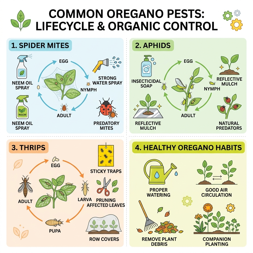 Common oregano pests lifecycle and organic control methods infographic - controlling pests in oregano infographic 