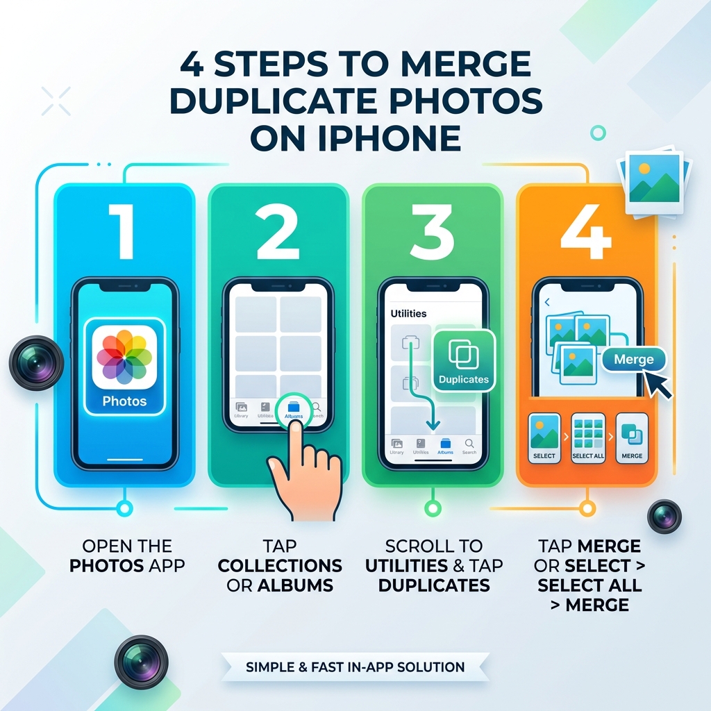 Infographic showing 4 steps to merge duplicate photos on iPhone using the Photos app - merge duplicate photos iphone