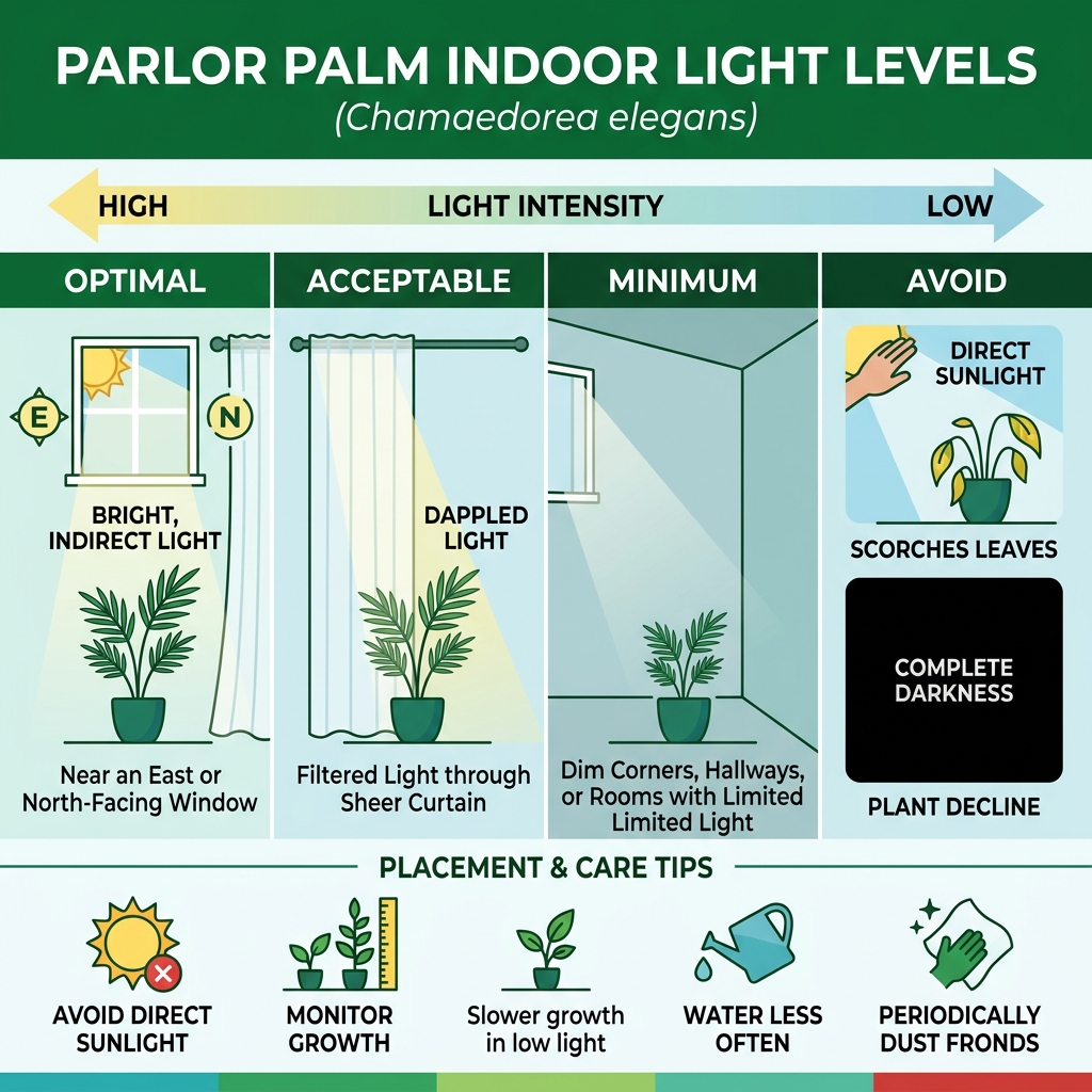 Indoor light levels infographic for parlor palm placement and care - parlor palm low light infographic Indoor light levels infographic for parlor palm placement and care - parlor palm low light infographic