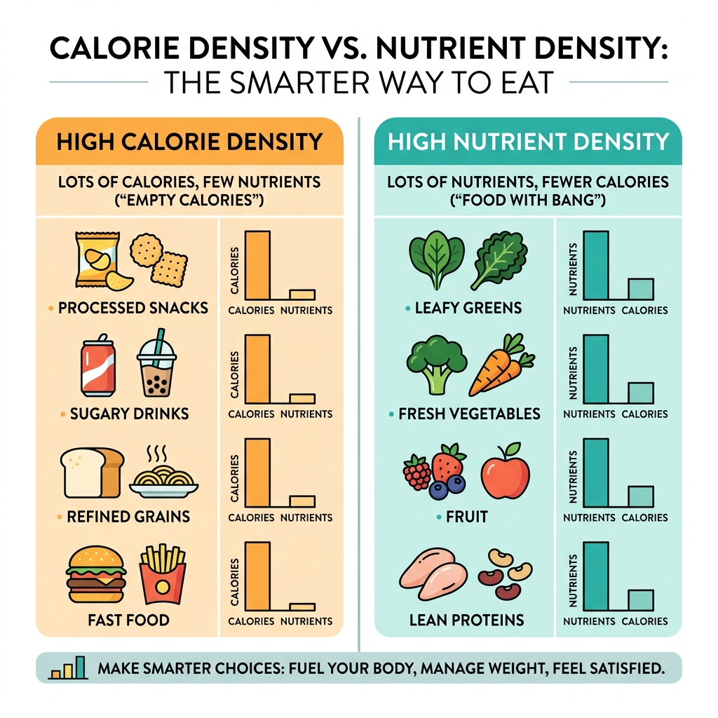 Infographic comparing calorie density vs. nutrient density in common foods - low calorie nutrient dense meals infographic 
