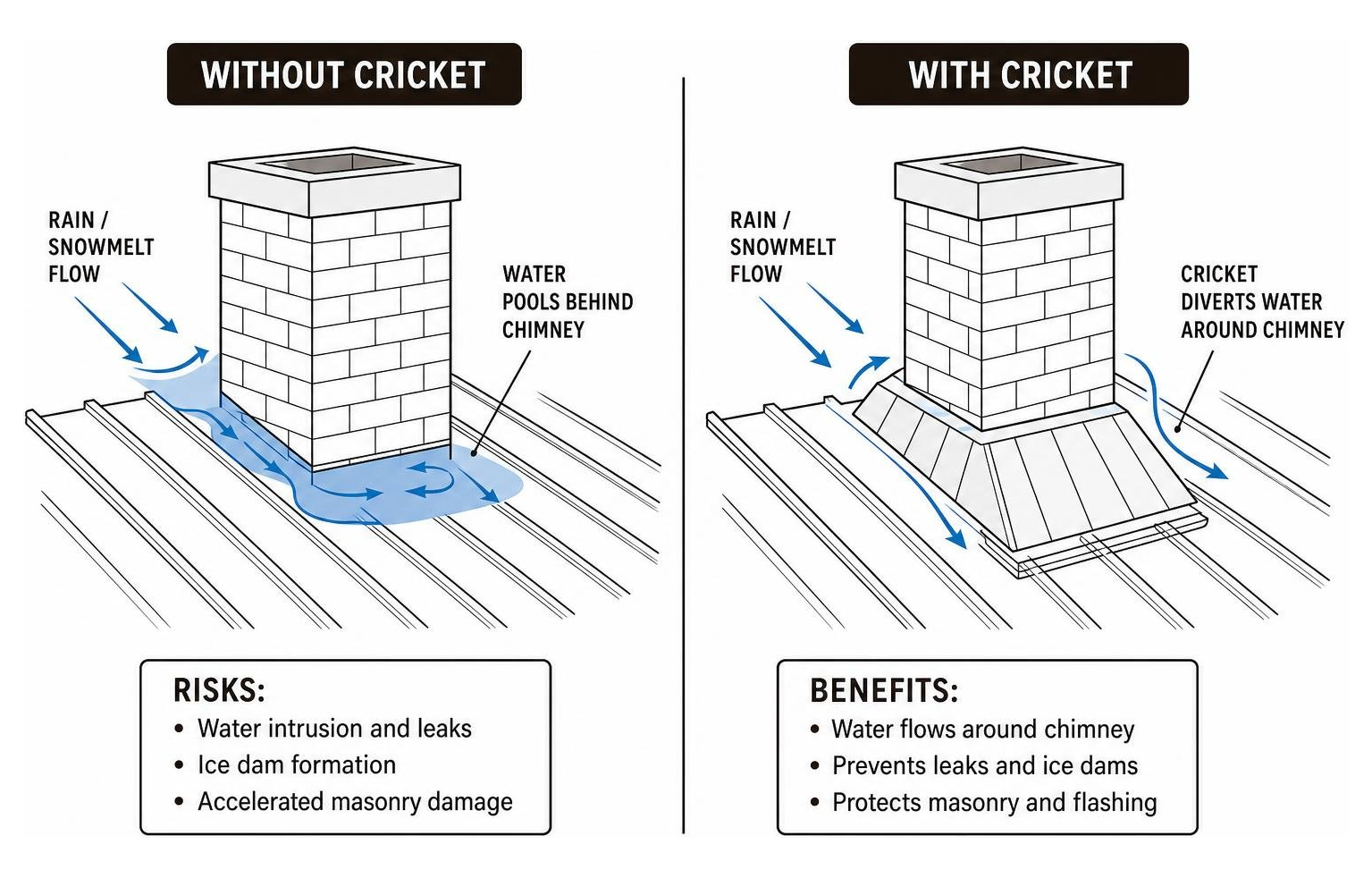 water flow comparison showing chimney with cricket vs without cricket on a metal roof