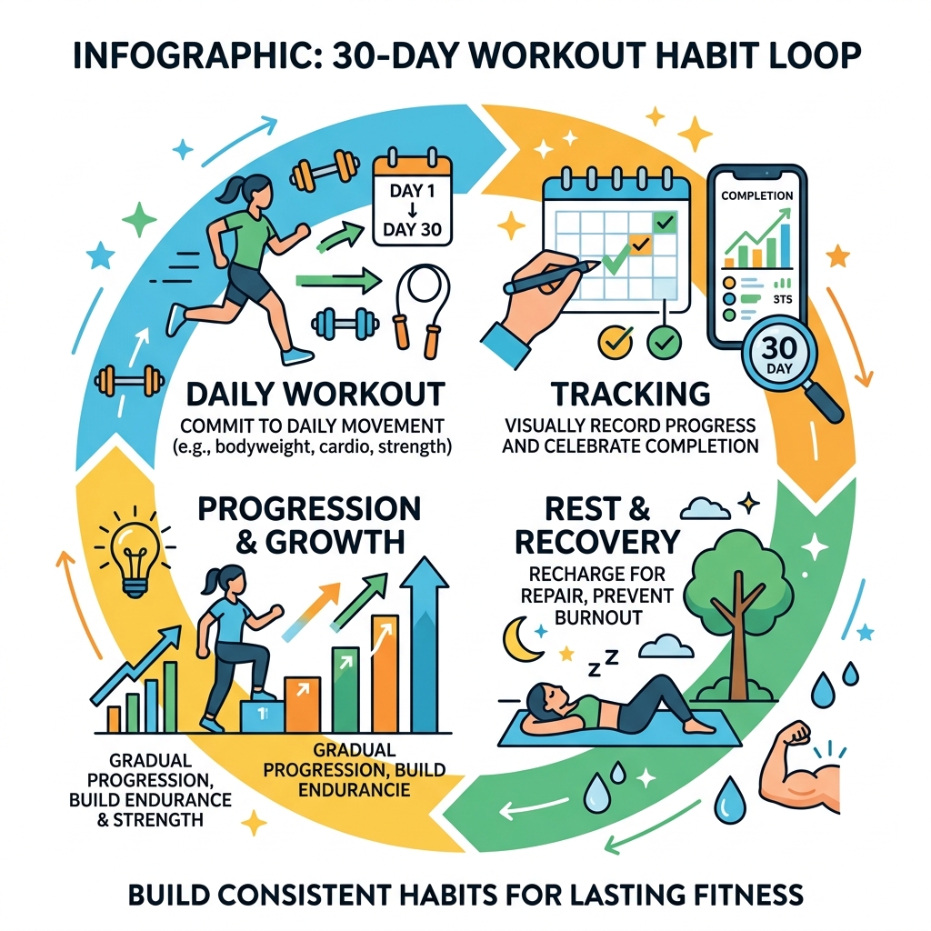 Infographic: 30-day habit loop showing daily workout, tracking, rest, and progression cycle - 30 day workout chart