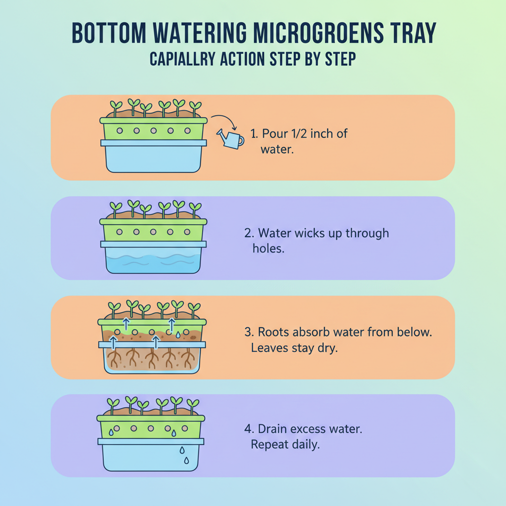 How bottom watering microgreens tray capillary action works step by step - bottom watering microgreens tray infographic 