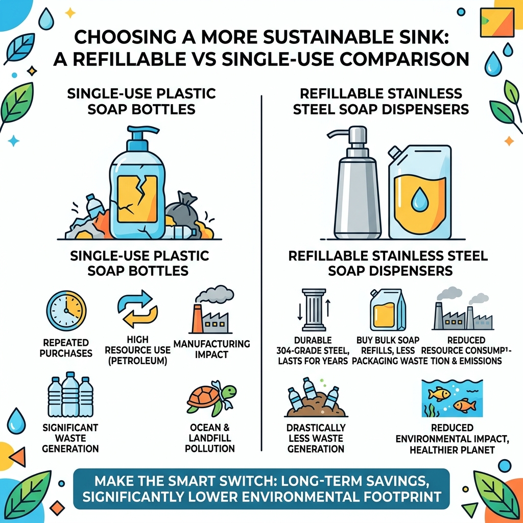 Infographic comparing refillable stainless steel dispensers vs single-use plastic soap bottles environmental impact Infographic comparing refillable stainless steel dispensers vs single-use plastic soap bottles environmental impact