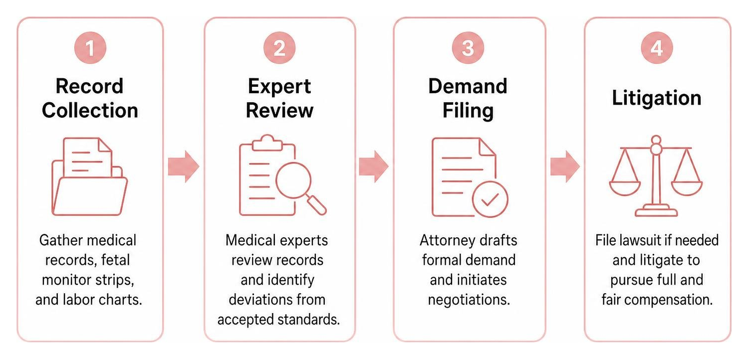 Legal process workflow: record collection, medical review, demand filing, litigation Legal process workflow: record collection, medical review, demand filing, litigation