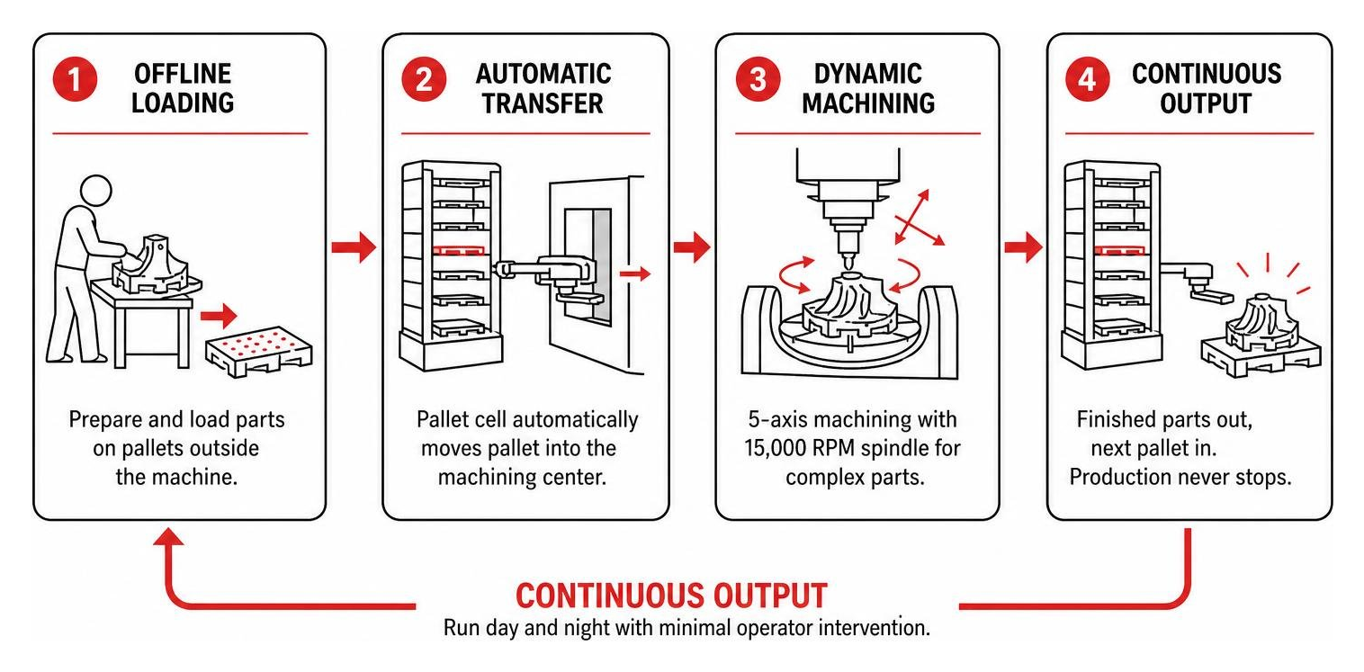 Pallet cell automation workflow showing offline loading, automatic transfer, dynamic machining, and continuous output Pallet cell automation workflow showing offline loading, automatic transfer, dynamic machining, and continuous output