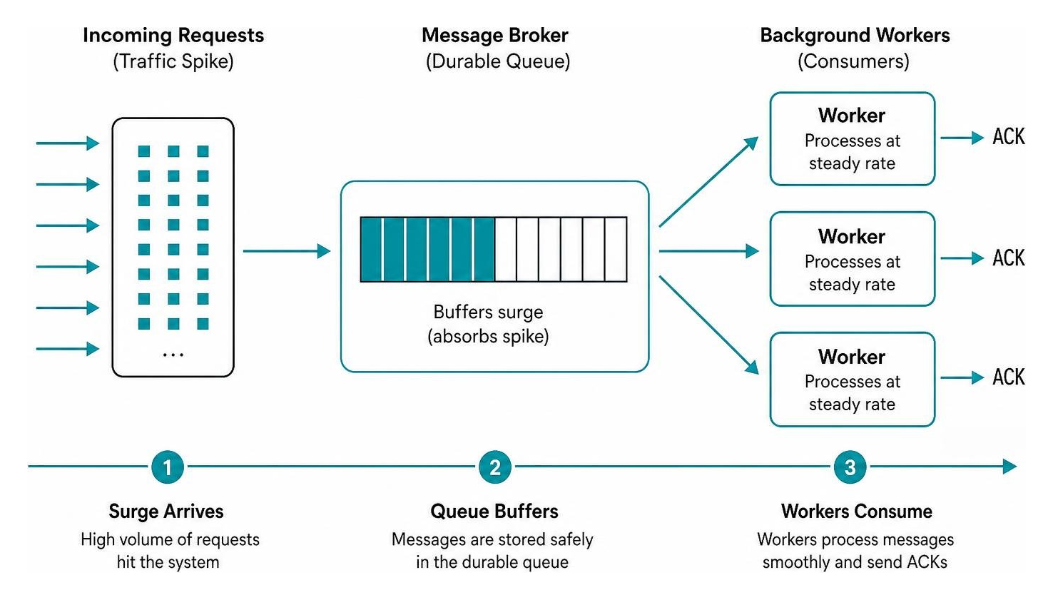 Traffic spike buffer handling showing an incoming request surge absorbed by a queue and consumed smoothly by background