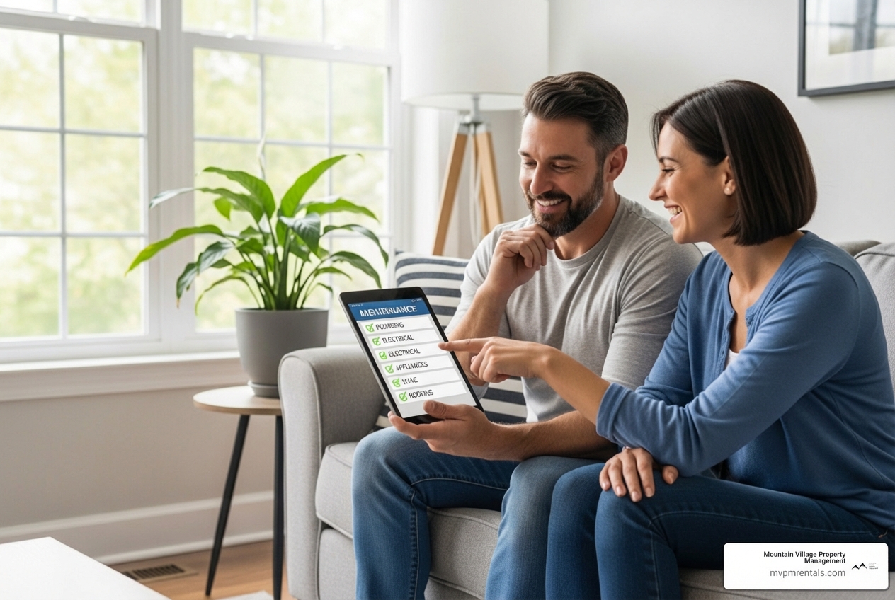 landlord and tenant amicably reviewing a checklist on a tablet inside a property - rental property repairs and maintenance