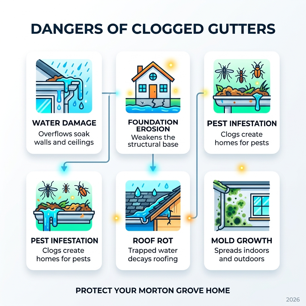 Infographic showing dangers of clogged gutters: water damage, foundation erosion, pest infestation, roof rot, and mold