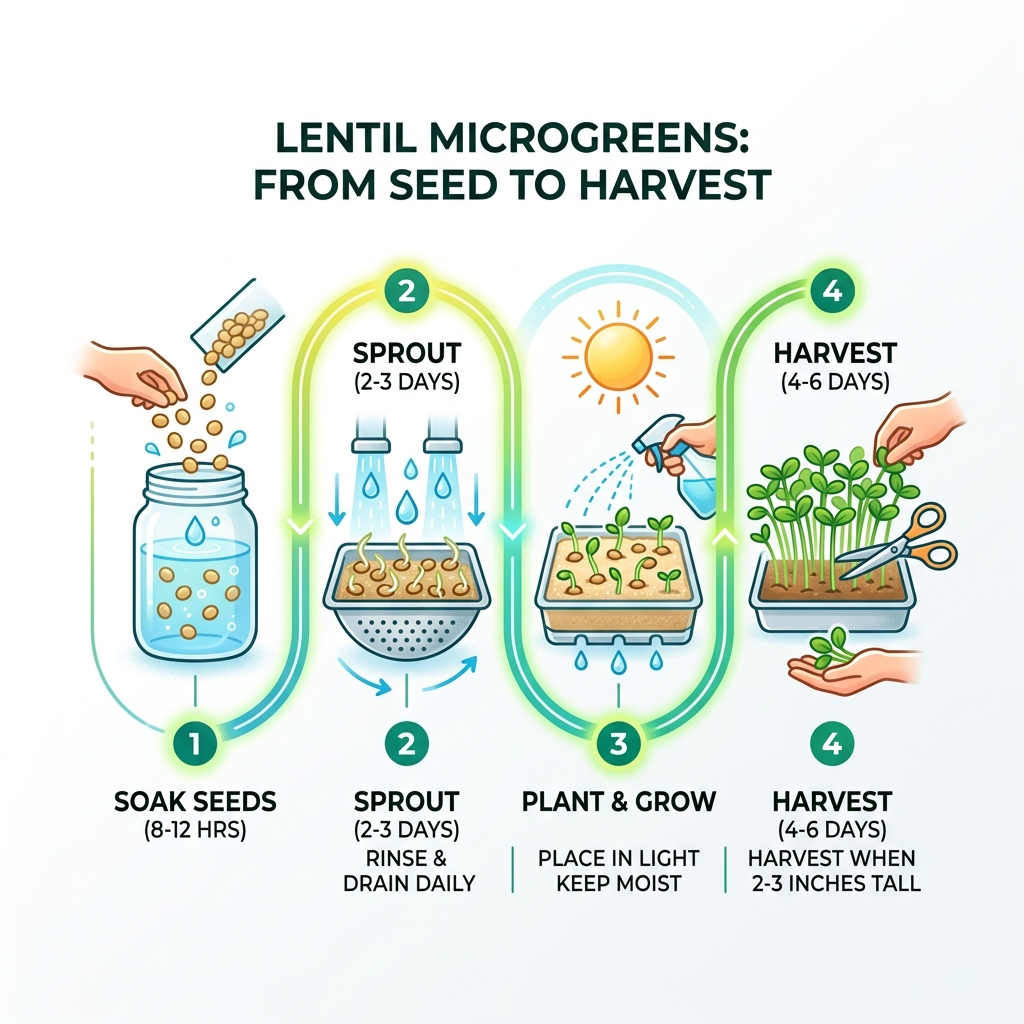Lentil seed to microgreen growth cycle infographic showing soak, sprout, plant, and harvest stages - lentil microgreens Lentil seed to microgreen growth cycle infographic showing soak, sprout, plant, and harvest stages - lentil microgreens