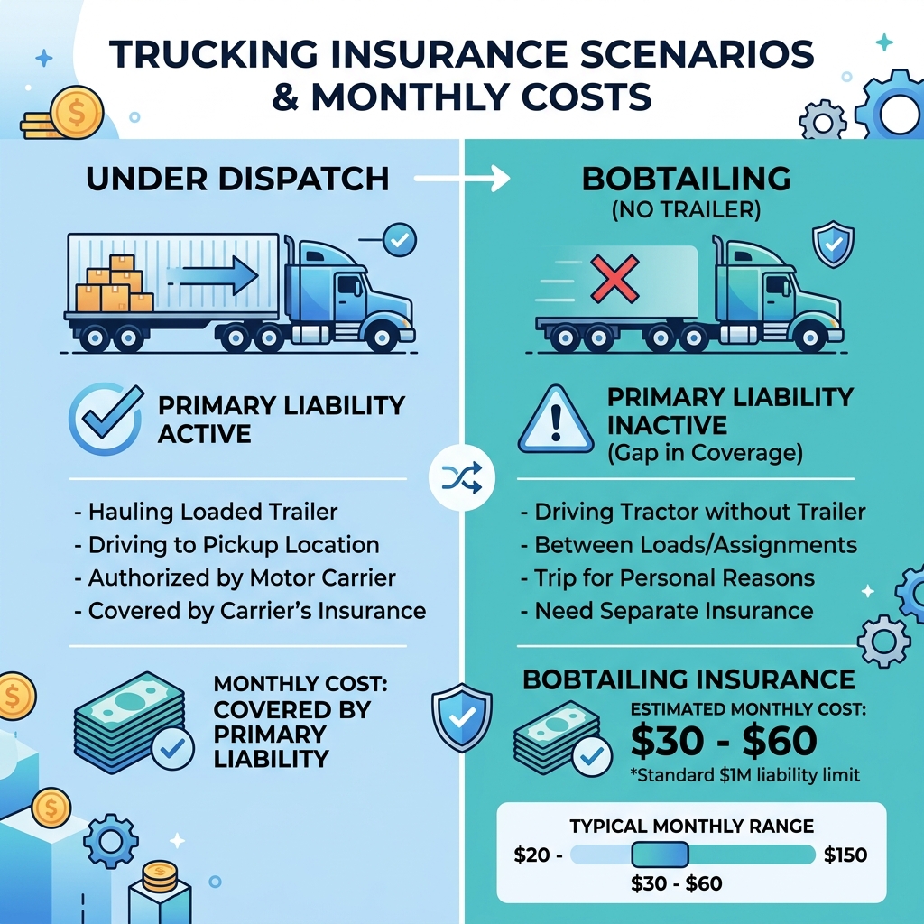 Infographic comparing Under Dispatch vs Bobtailing insurance coverage scenarios and monthly costs - how much is bobtail Infographic comparing Under Dispatch vs Bobtailing insurance coverage scenarios and monthly costs - how much is bobtail
