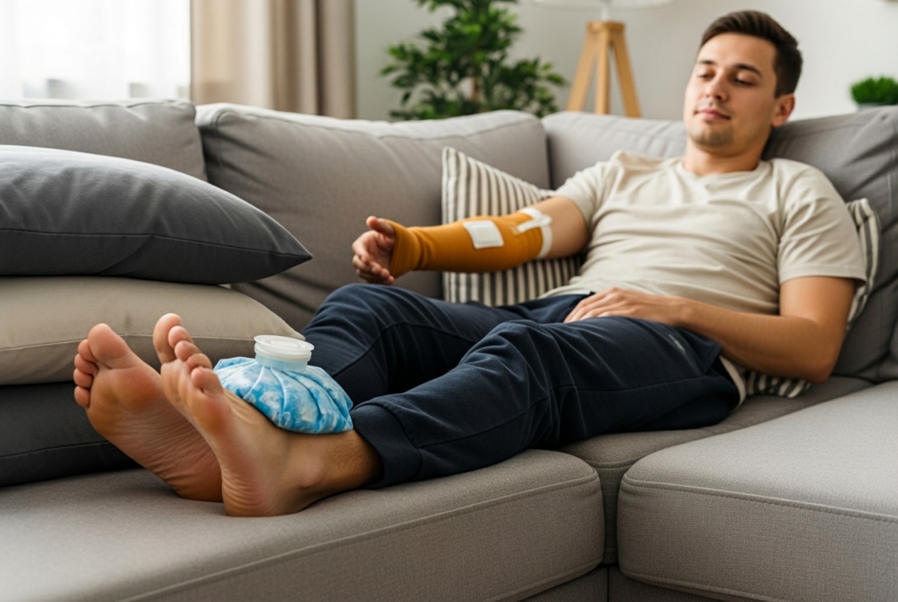 components of the R.I.C.E. method including a person resting, an ice pack, a compression bandage, and a leg elevated on pillows - Muscle pain relief