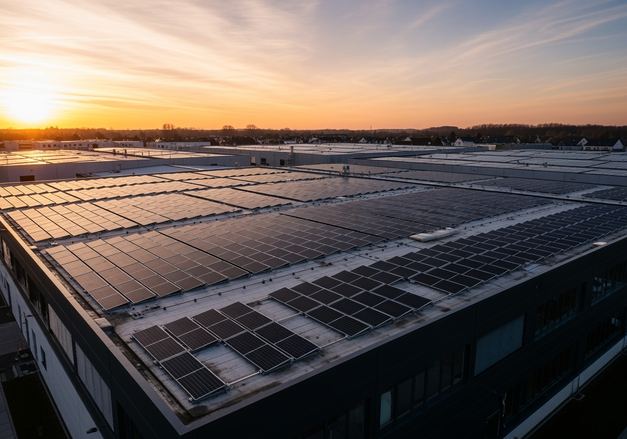 large commercial building with solar panels at sunset - solar companies santa rosa