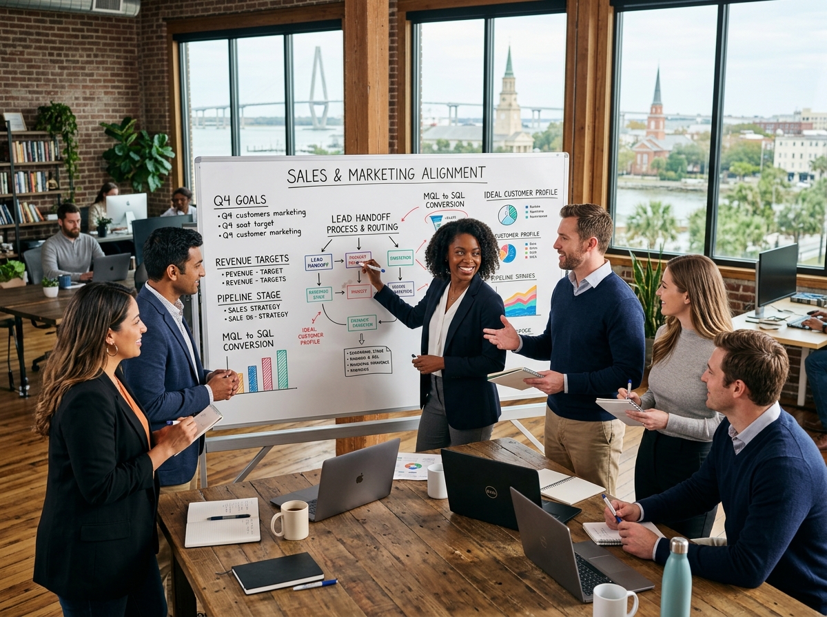 Collaborative workshop in a Charleston office showing sales and marketing teams working on a shared whiteboard - Sales