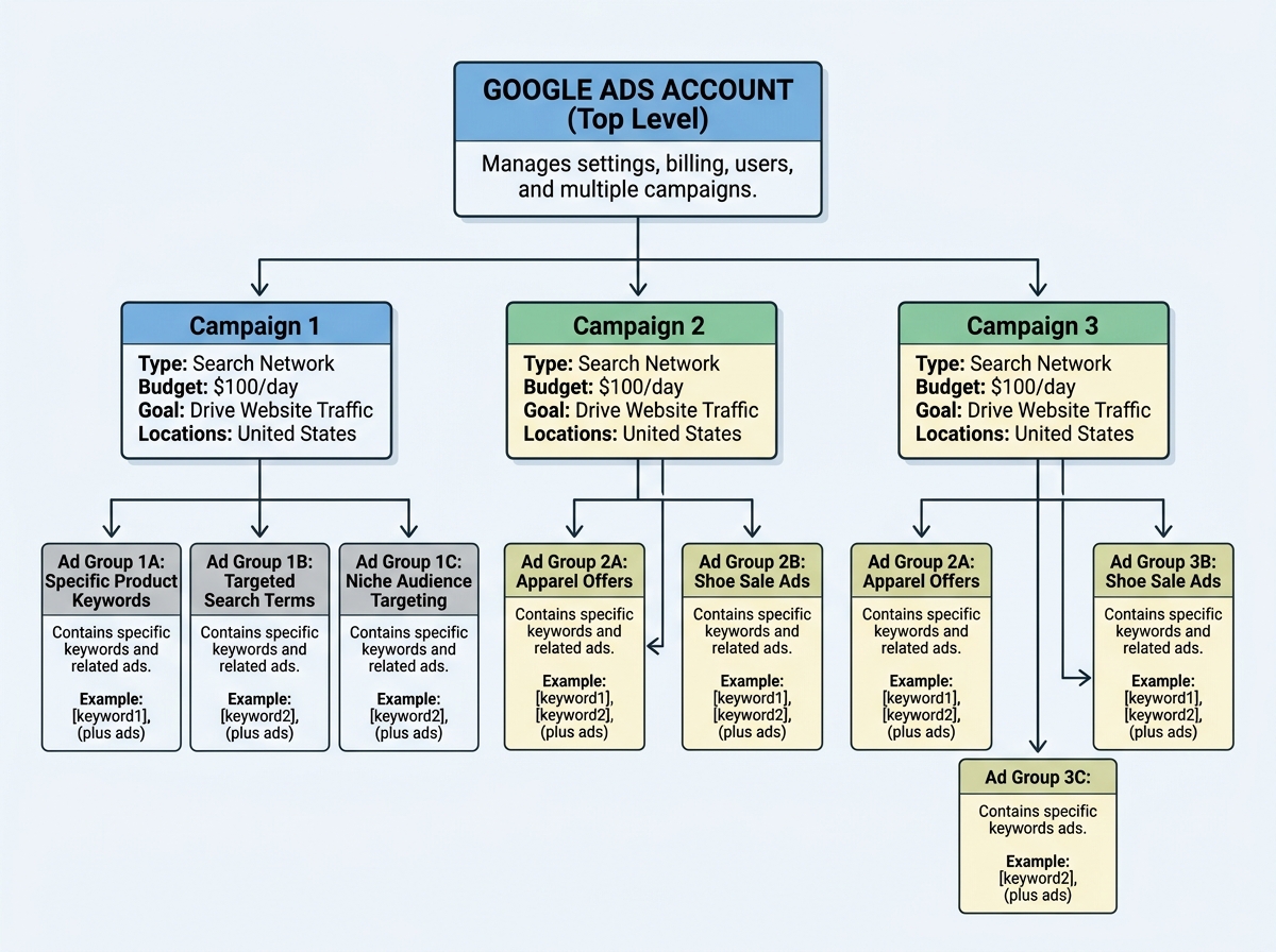 Well-structured Google Ads campaign hierarchy showing Account, Campaign, and Ad Group levels - Google Ads Management Well-structured Google Ads campaign hierarchy showing Account, Campaign, and Ad Group levels - Google Ads Management