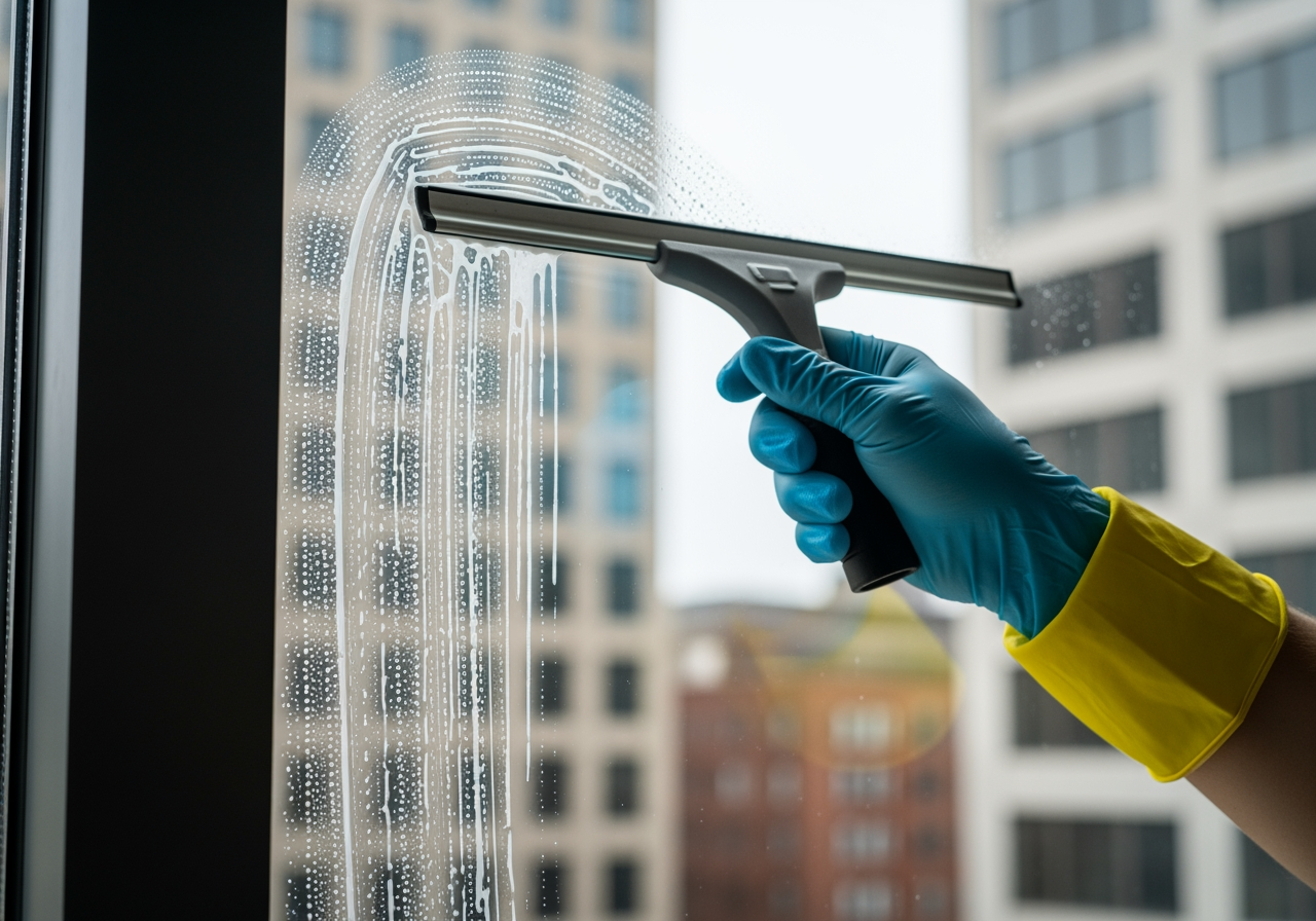 Technician removing hard water stains from glass - window cleaning white plains Technician removing hard water stains from glass - window cleaning white plains