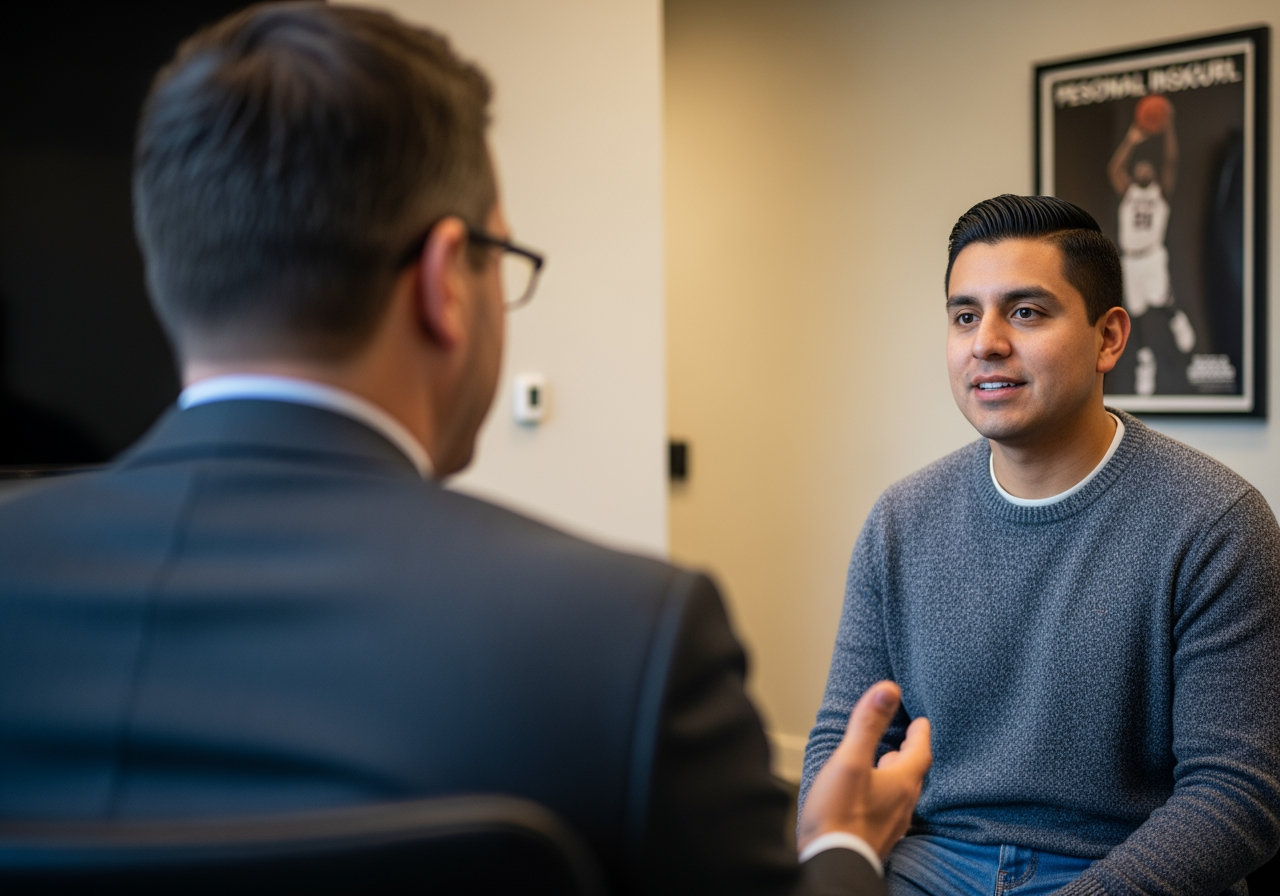 Un abogado de Georgia sentado frente a un cliente en un despacho de Duluth, Georgia, revisando historiales médicos y una maqueta a escala del lugar donde ocurrió una caída; demanda por lesiones causadas por una caída A Georgia attorney sitting across from a client in a Duluth, Georgia office, reviewing medical records and a scale model of a slip and fall scene - fall injury lawsuit