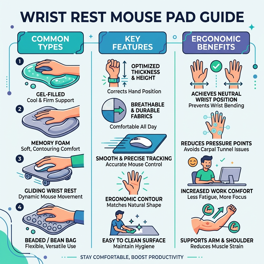 Infographic showing wrist rest mouse pad types, key features, and ergonomic benefits - wrist rest mouse pad infographic Infographic showing wrist rest mouse pad types, key features, and ergonomic benefits - wrist rest mouse pad infographic