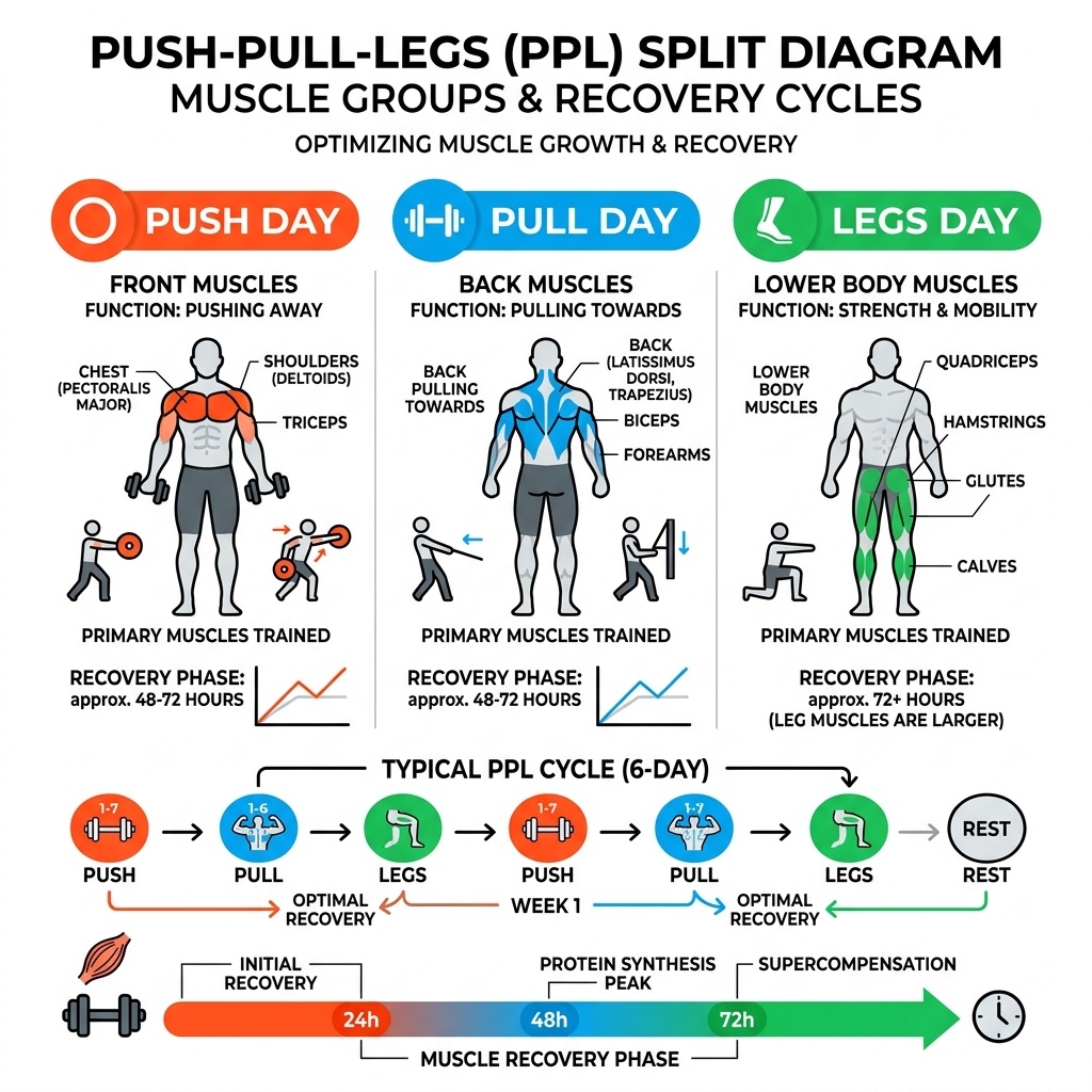 Push-Pull-Legs split diagram showing muscle groups and recovery cycles - home workout push day infographic 