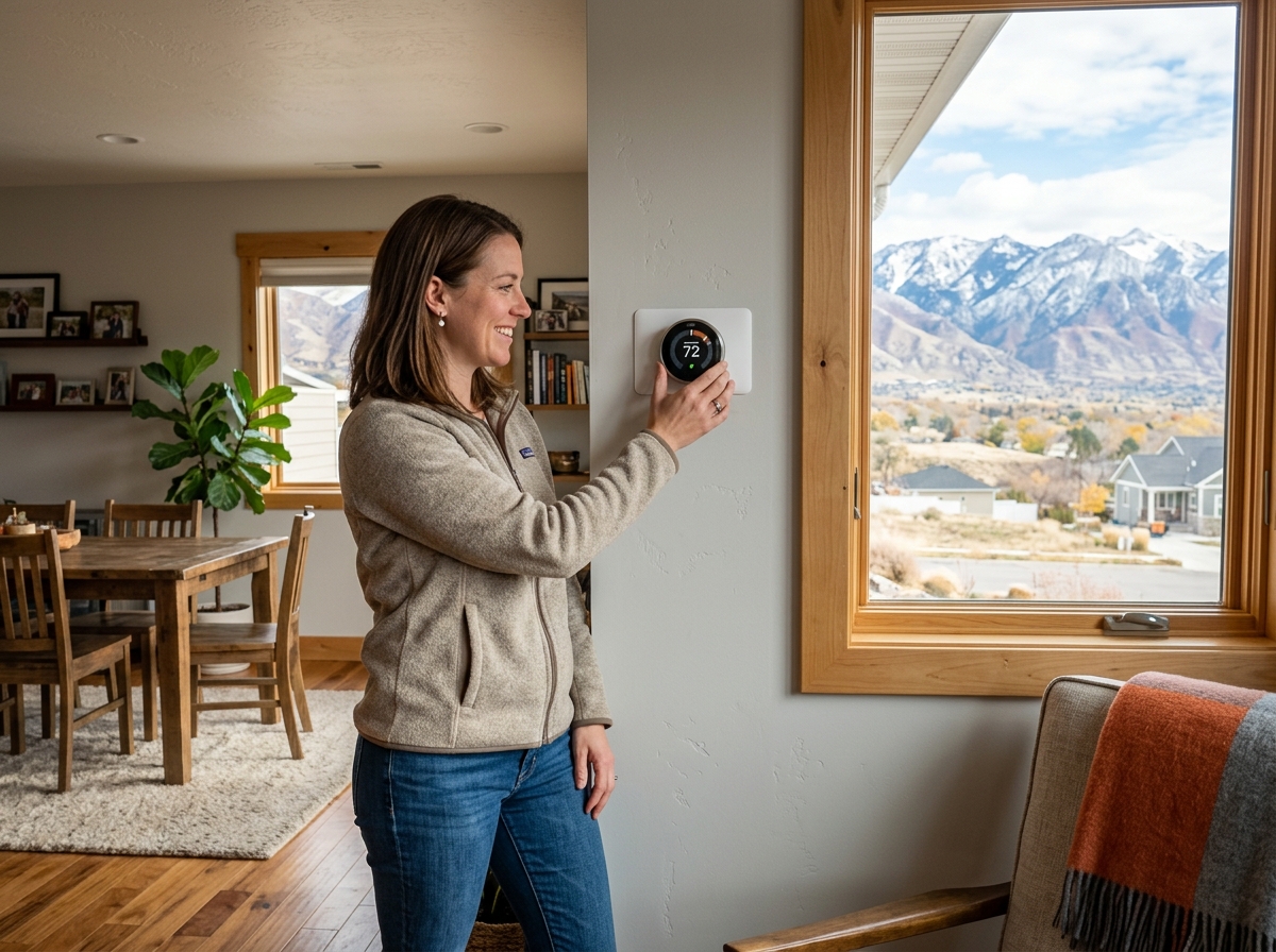 Homeowner checking a smart thermostat in a Salt Lake City home - emergency HVAC repair Salt Lake Homeowner checking a smart thermostat in a Salt Lake City home - emergency HVAC repair Salt Lake