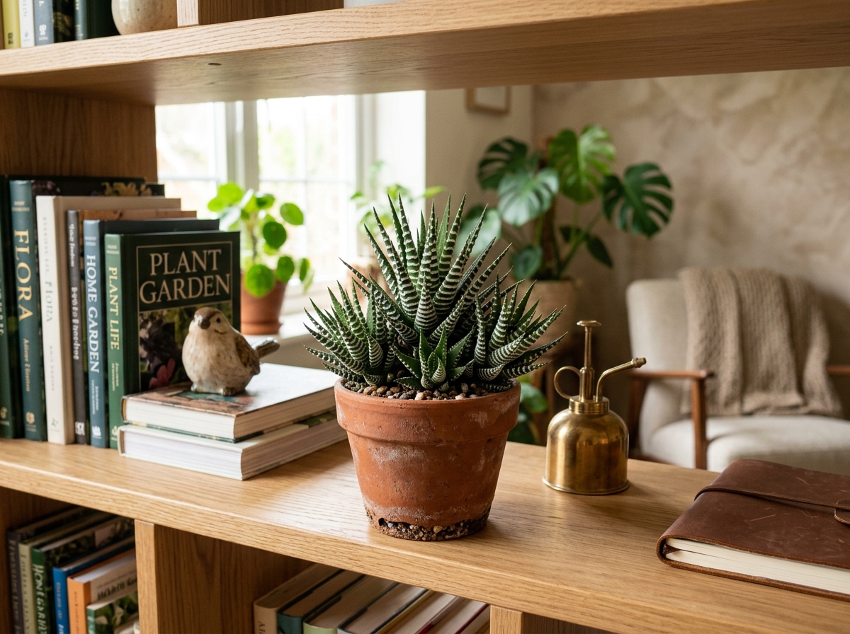 Haworthiopsis attenuata sitting on a modern wooden bookshelf - low light succulents for indoors