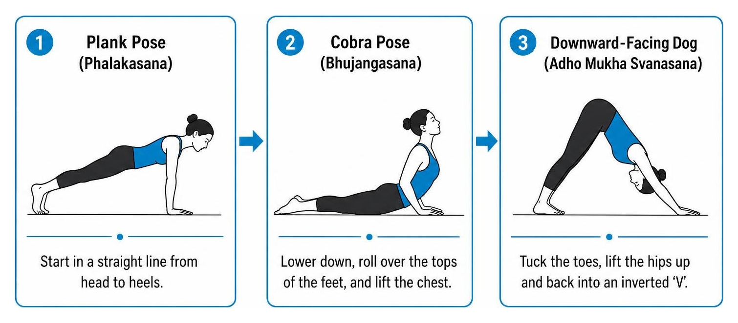 Step-by-step transition from plank to cobra and downward facing dog Step-by-step transition from plank to cobra and downward facing dog