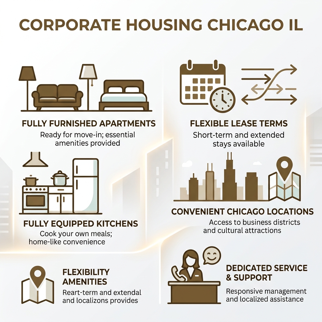 Infographic showing the key benefits of corporate housing in Chicago IL for extended stays: fully furnished apartments vs hotels comparison, 30-day minimum stay requirements, all-inclusive utilities and Wi-Fi, top neighborhoods for business and medical stays (Streeterville, River North, The Loop, West Loop, Gold Coast), cost savings over 30-90 day periods, and use cases including executive relocation, traveling nurses, patient families, and project teams - corporate housing chicago il infographic 