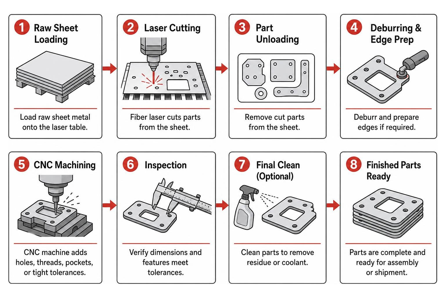 step-by-step workflow of laser cutting sheet metal to secondary CNC machining