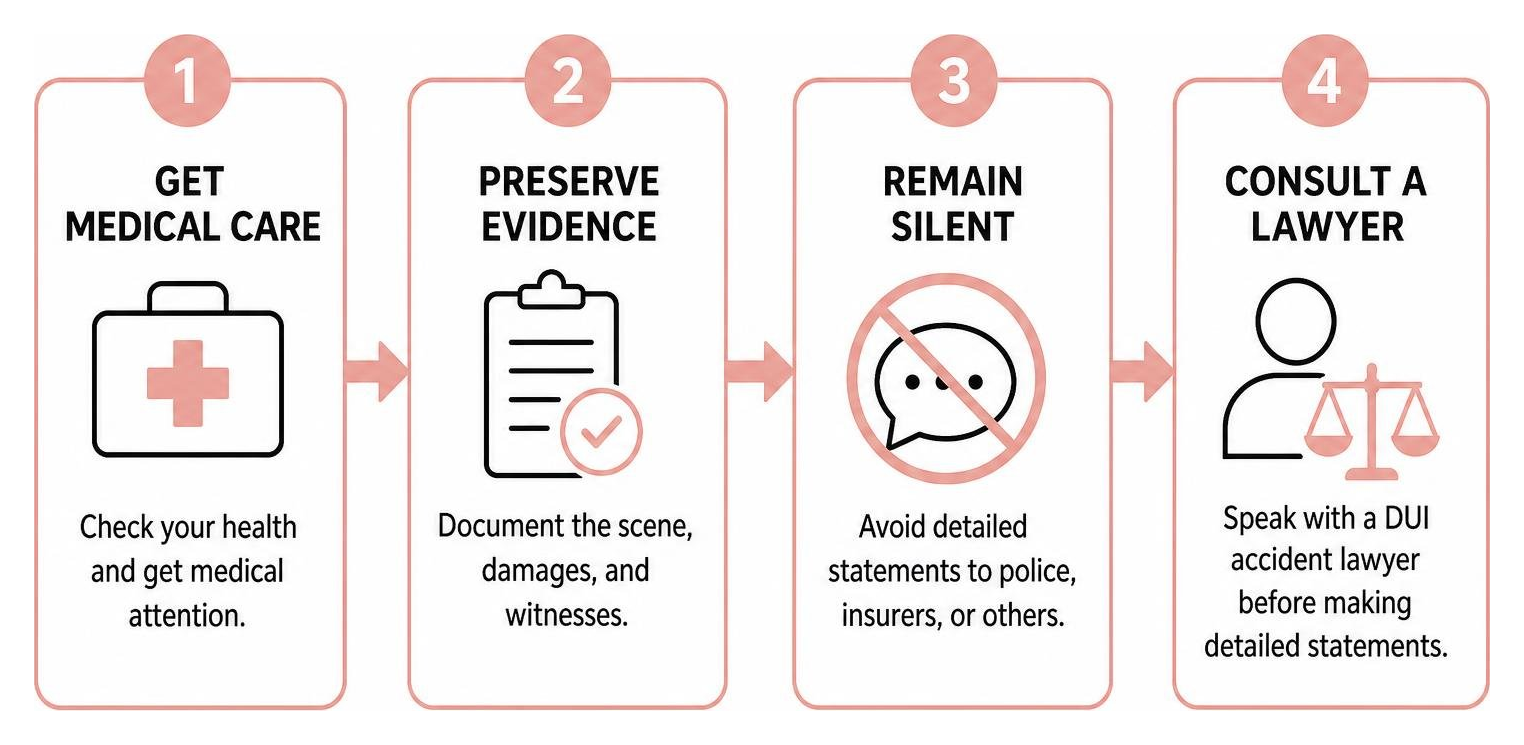 Infographic showing medical care, evidence preservation, silence, and lawyer consultation after a DUI crash Infographic showing medical care, evidence preservation, silence, and lawyer consultation after a DUI crash