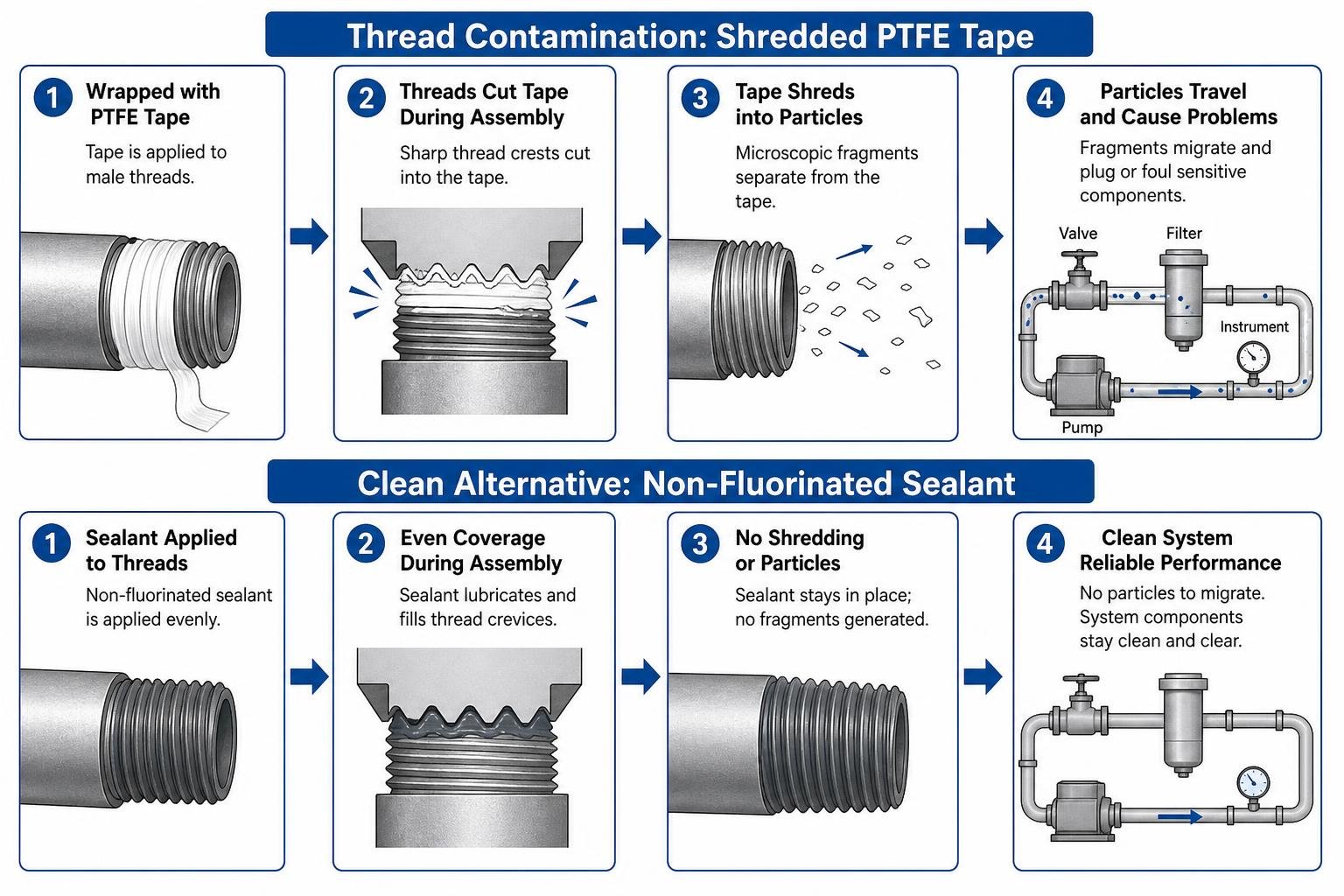 mechanism of thread contamination from shredded PTFE tape versus clean non-fluorinated sealant mechanism of thread contamination from shredded PTFE tape versus clean non-fluorinated sealant