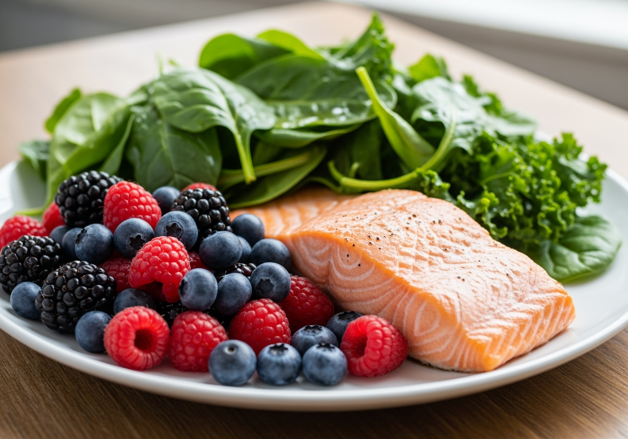 A colorful plate of anti-inflammatory foods like salmon, berries, and leafy greens - anti-inflammatory gut diet
