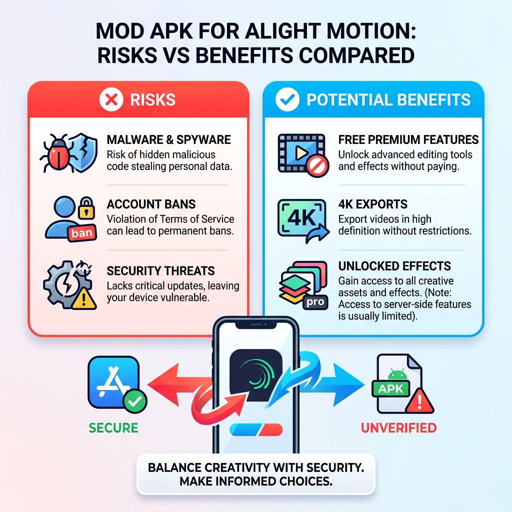 Infographic comparing Mod APK risks vs benefits for Alight Motion including malware, bans, and free features - alight motion