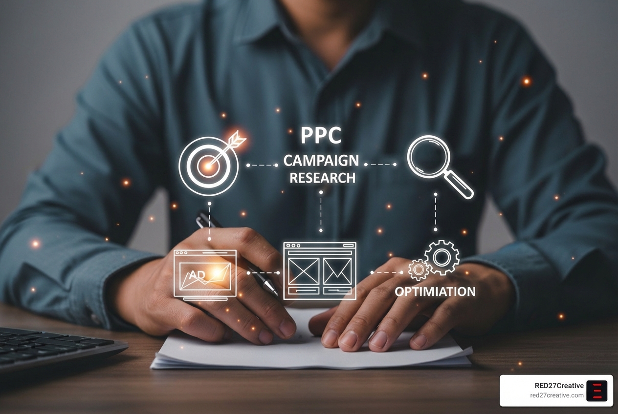 A detailed flowchart illustrating the process of building a PPC campaign, starting from defining campaign goals, moving through keyword research, ad group creation, ad copy writing, landing page design, conversion tracking setup, and finally launching and optimizing the campaign. - PPC & Paid Lead Generation A detailed flowchart illustrating the process of building a PPC campaign, starting from defining campaign goals, moving through keyword research, ad group creation, ad copy writing, landing page design, conversion tracking setup, and finally launching and optimizing the campaign. - PPC & Paid Lead Generation