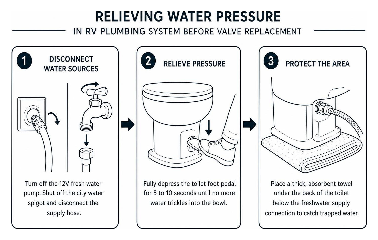 Relieving water pressure in RV plumbing system before valve replacement