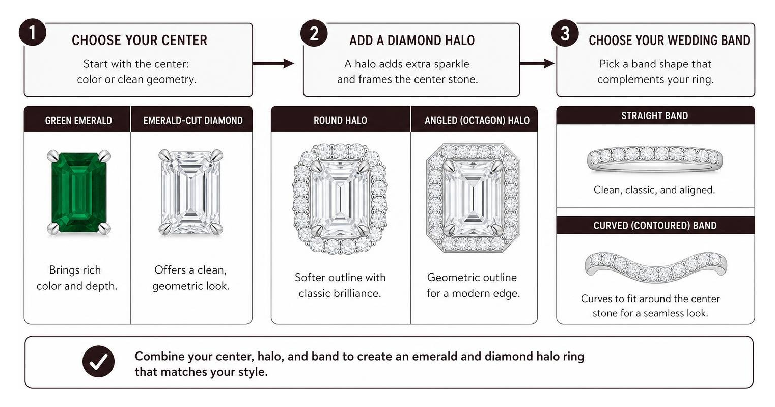 Infographic comparing green emerald and emerald-cut diamond centers, diamond halos, and wedding band shapes