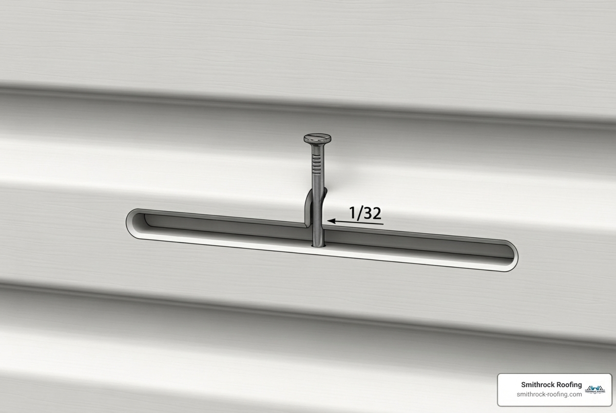 illustration showing a nail centered in the slot with a 1/32" gap between the fastener head and the vinyl panel - siding installation