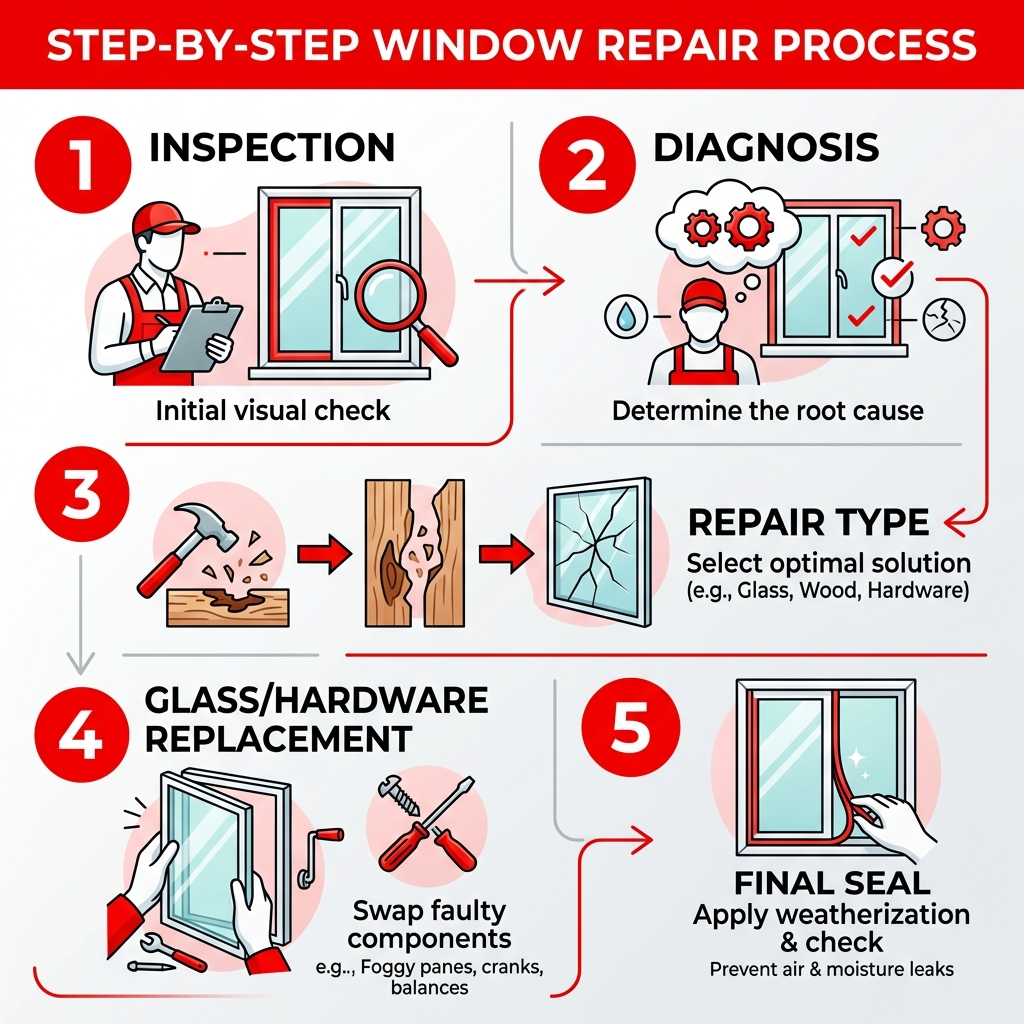 Step-by-step window repair process infographic: inspection, diagnosis, repair type, glass/hardware replacement, final seal Step-by-step window repair process infographic: inspection, diagnosis, repair type, glass/hardware replacement, final seal