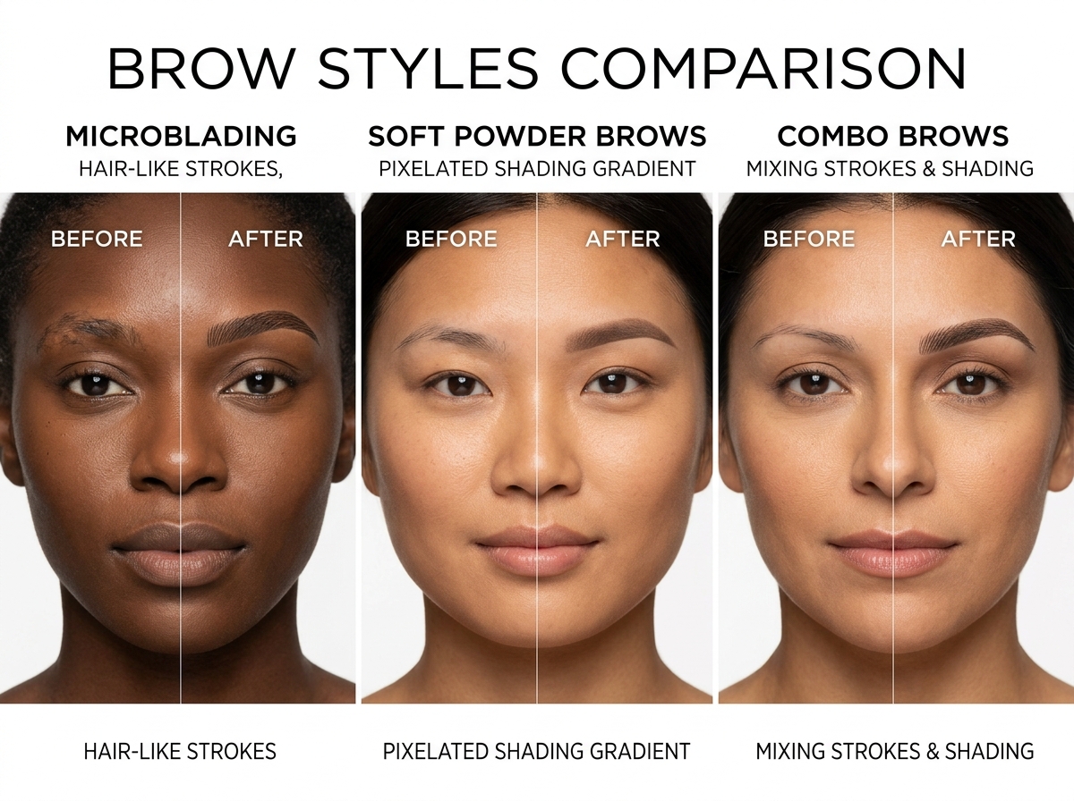 Comparison of different brow styles: microblading, powder brows, and combo brows - soft powder brows Comparison of different brow styles: microblading, powder brows, and combo brows - soft powder brows