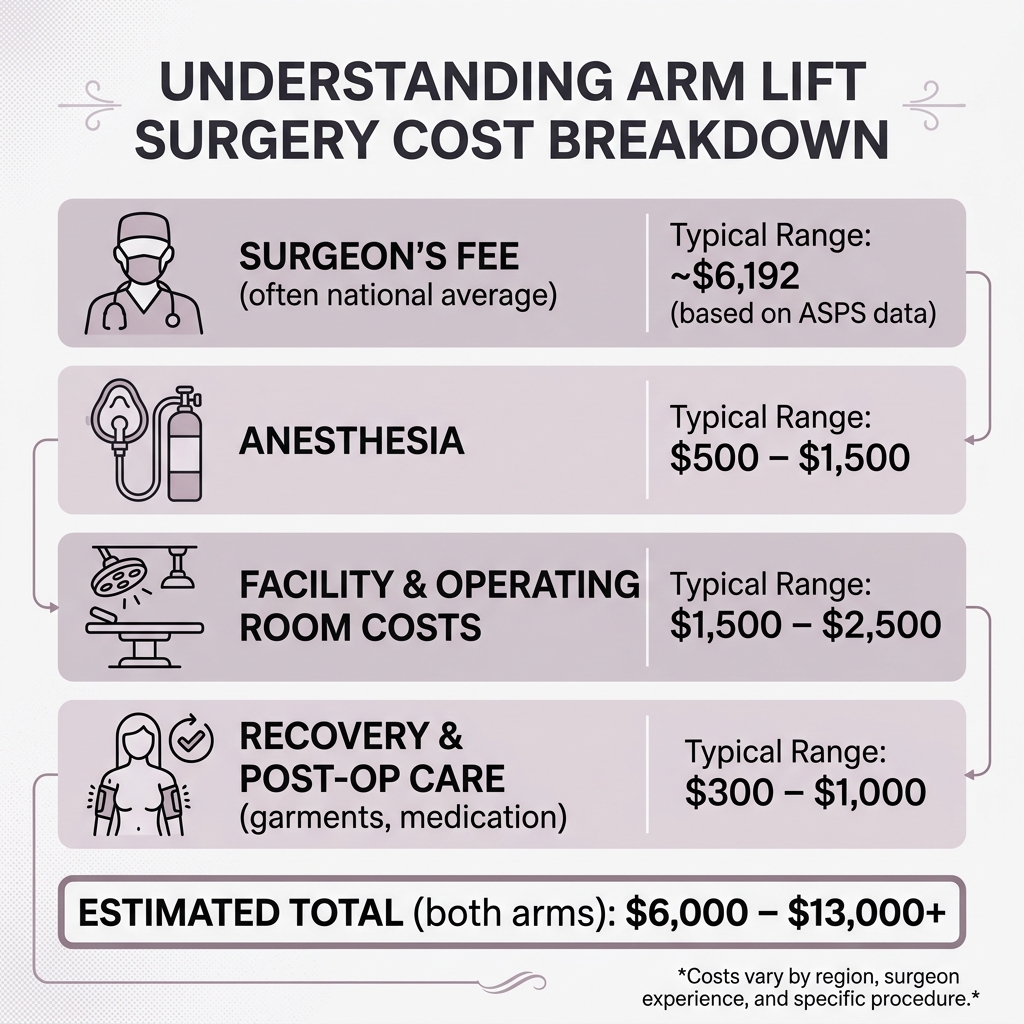 Infographic showing arm lift surgery cost breakdown: surgeon fee, anesthesia, facility, and recovery costs with typical