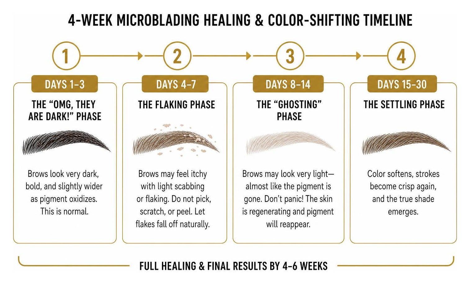 A step-by-step timeline diagram of the 4-week microblading healing and color-shifting process