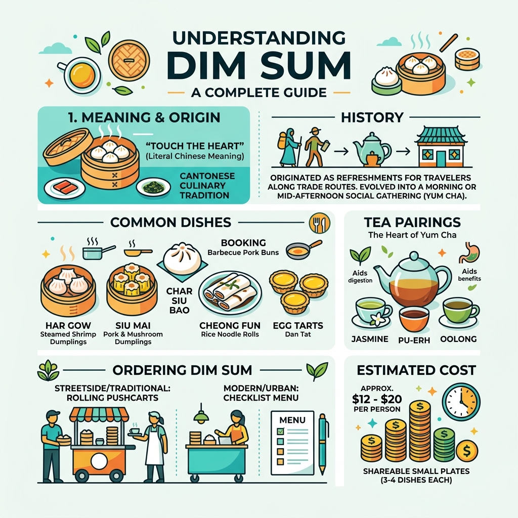 Infographic showing dim sum overview: meaning, history, dishes, tea pairings, cost, and how to order - dim sum infographic 