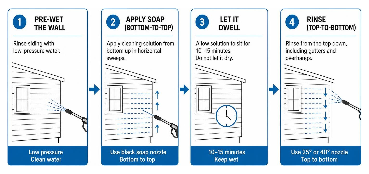 Step-by-step house washing process diagram Step-by-step house washing process diagram