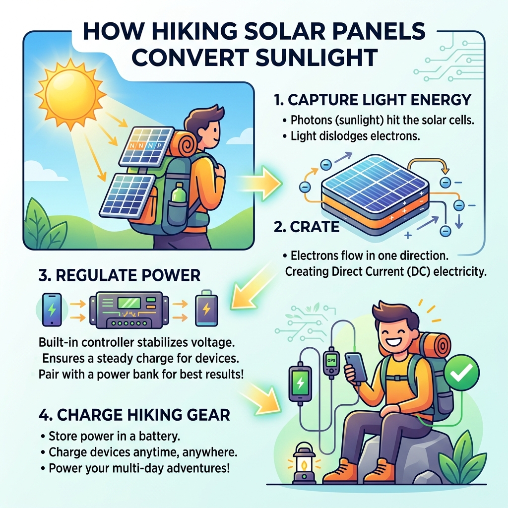 How solar panels convert sunlight to electricity for hiking gear charging - hiking solar phone charger infographic 