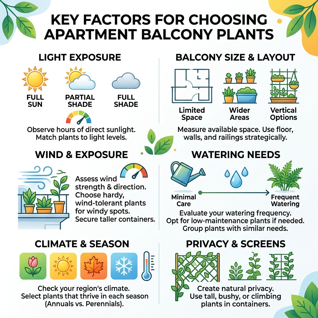 Key factors for choosing apartment balcony plants - apartment balcony plants infographic 