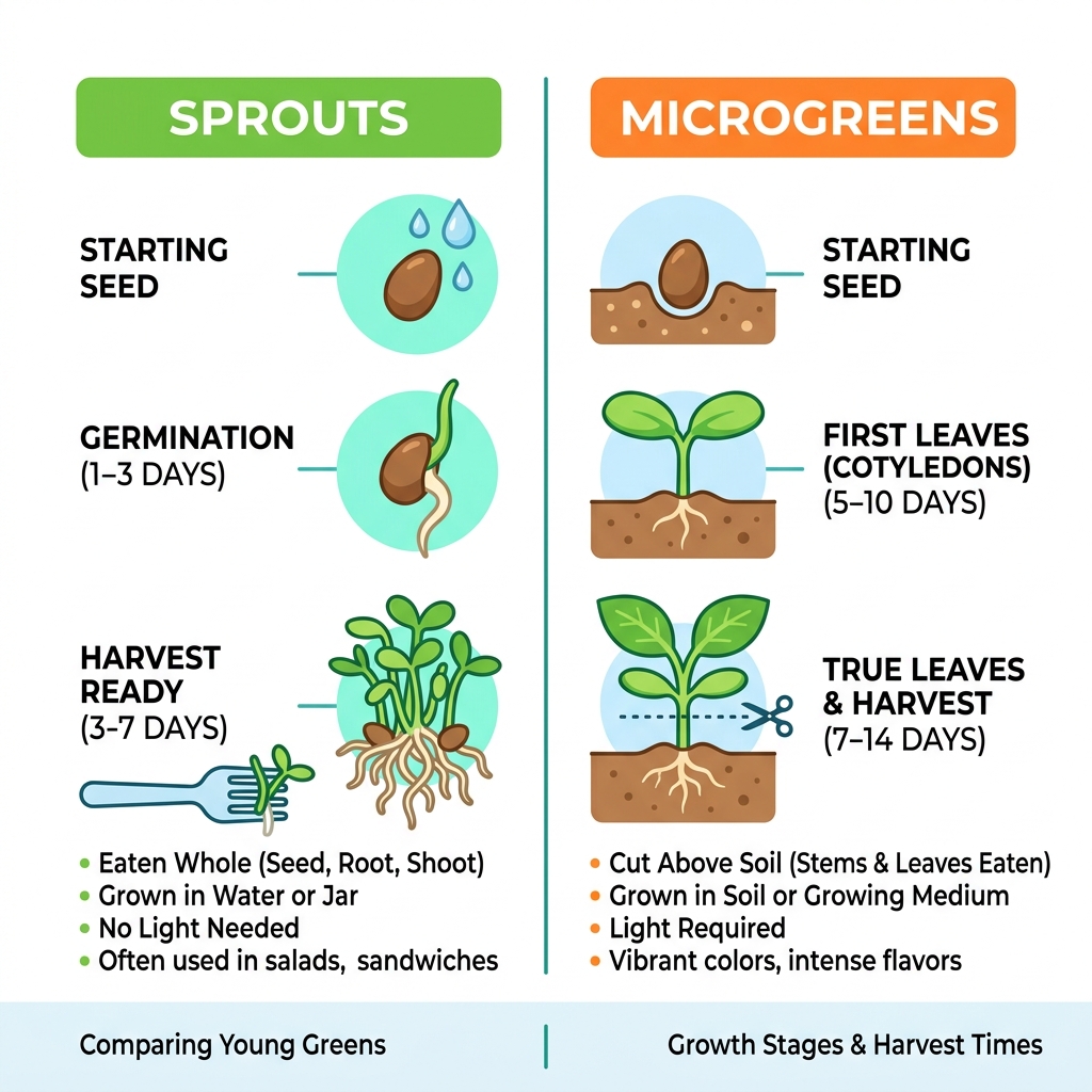 comparison infographic showing microgreens vs sprouts with growth stages and harvest times - best seeds for microgreens