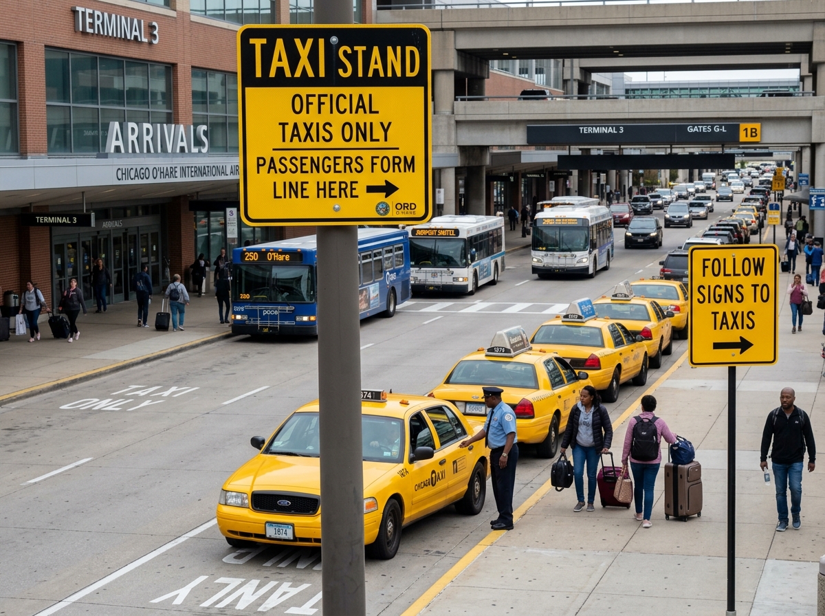 official taxi stand signage at O'Hare International Airport - how much is a taxi from o'hare to downtown chicago