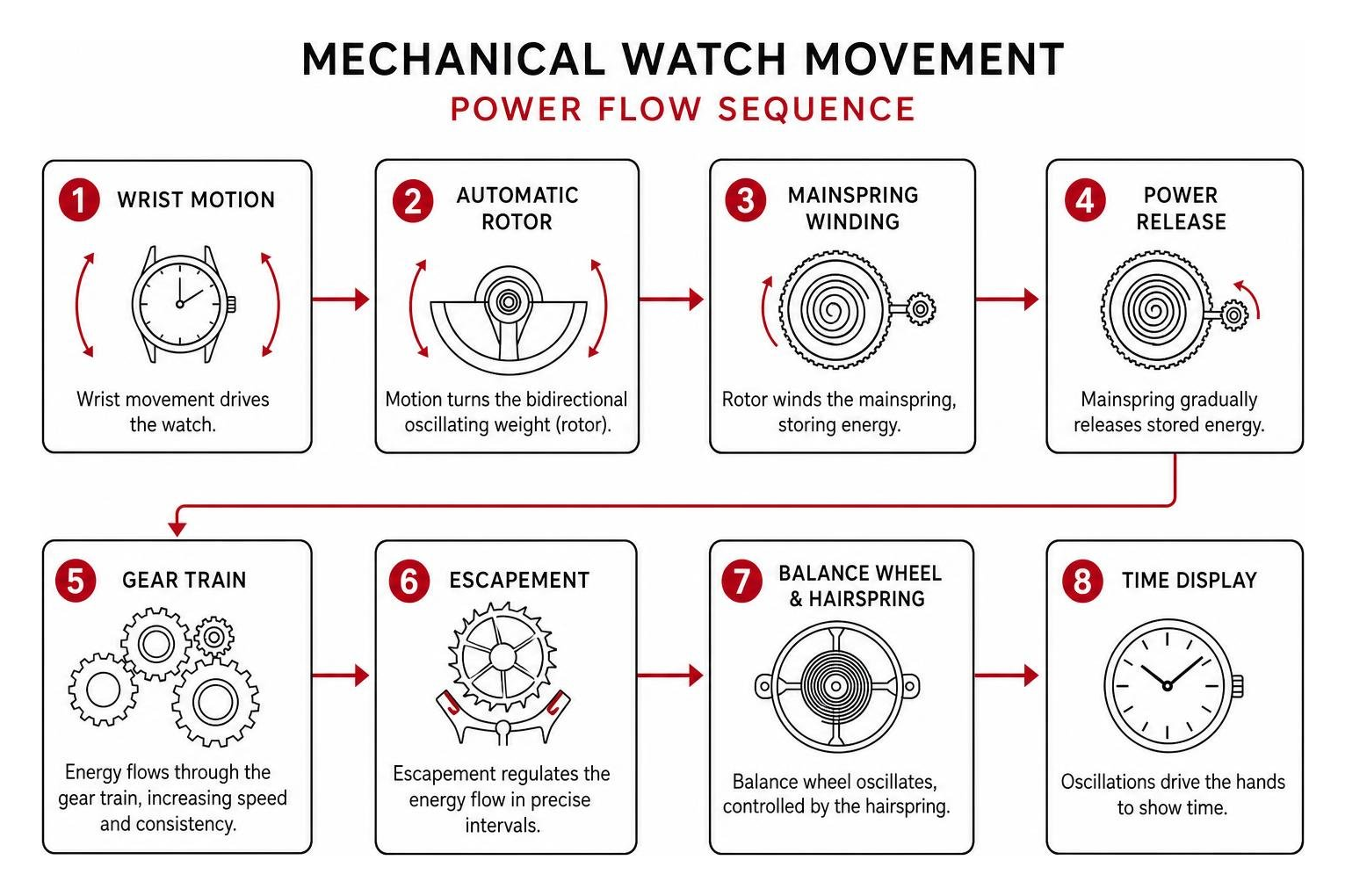 mechanical watch movement and power flow sequence