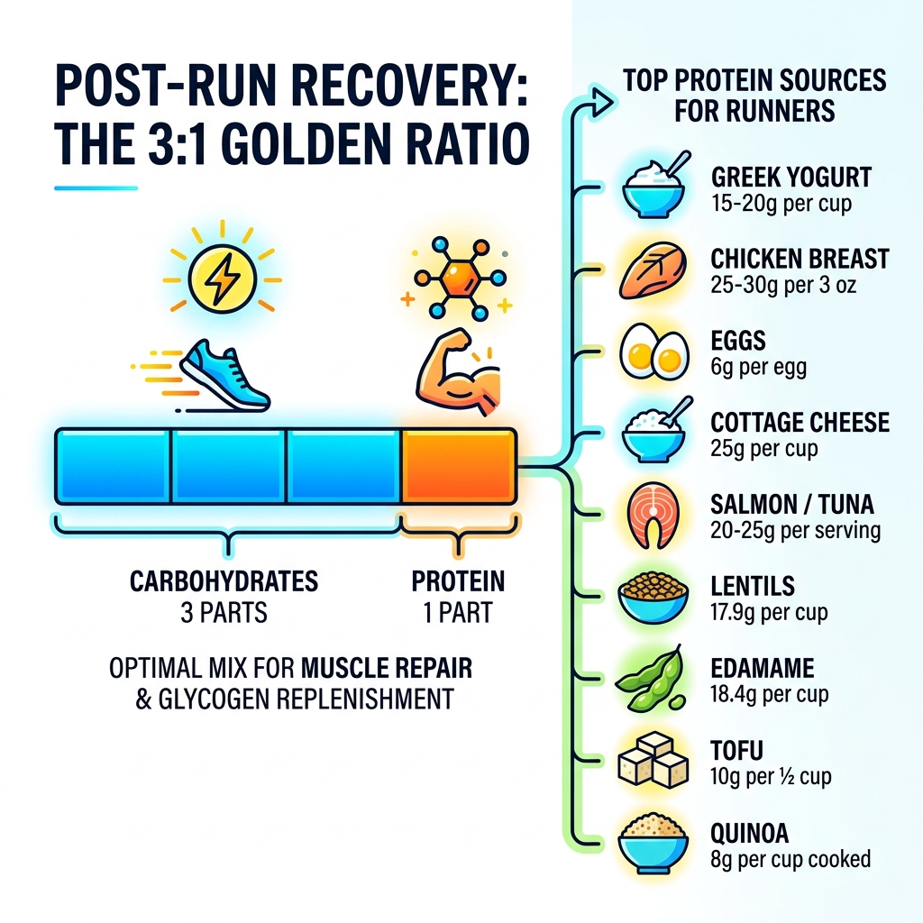 Infographic showing 3:1 carbohydrate to protein ratio for post-run recovery with top protein sources listed - best protein